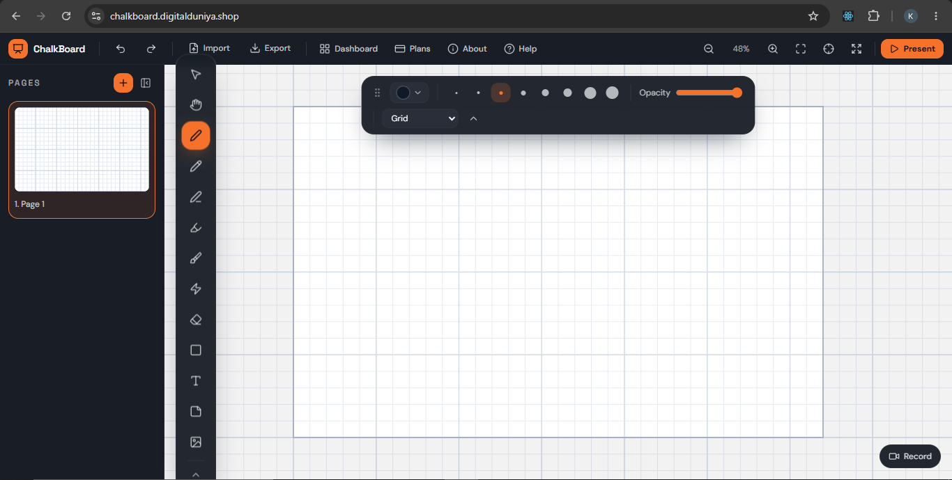 ChalkBoard whiteboard app showing pen tools, page thumbnails and a grid canvas