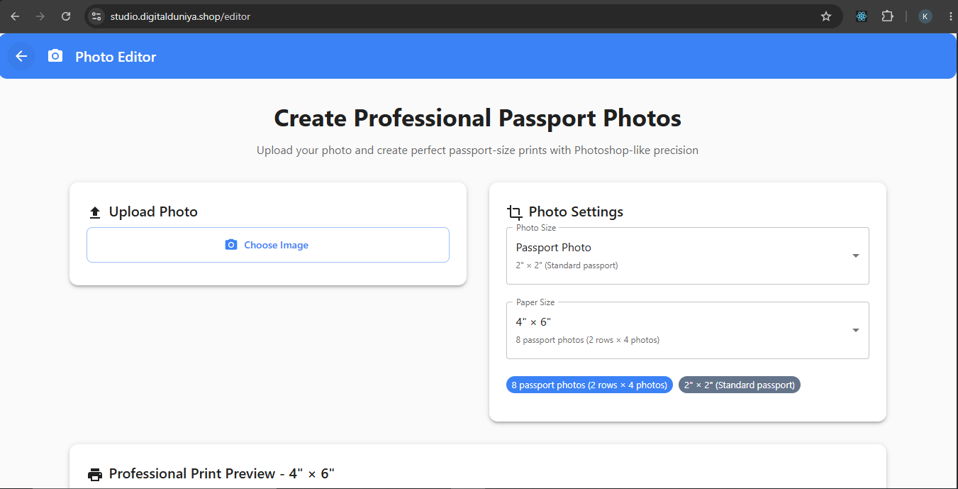 Photo Studio editor with upload panel, photo size settings and print preview